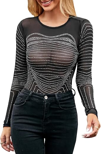 Lrady Women Sheer Mesh Rhinestone See Through Sparkle Long Short Sleeve Bodysuit Tops