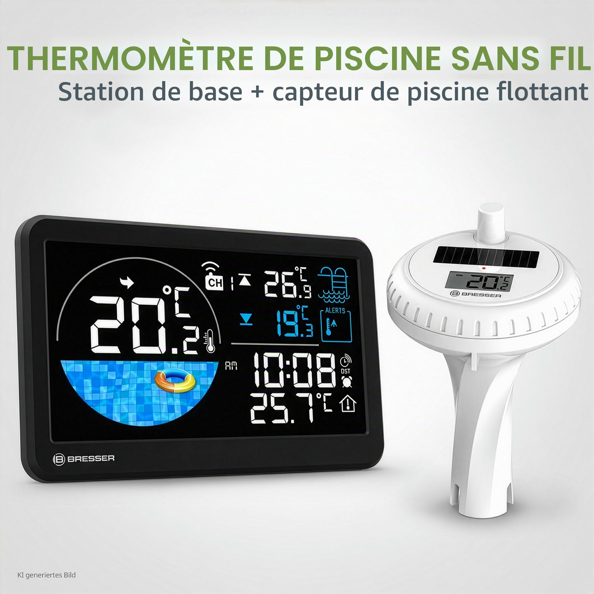 Bresser Thermomètre de Piscine Sans Fil avec Capteur Solaire et Alarme