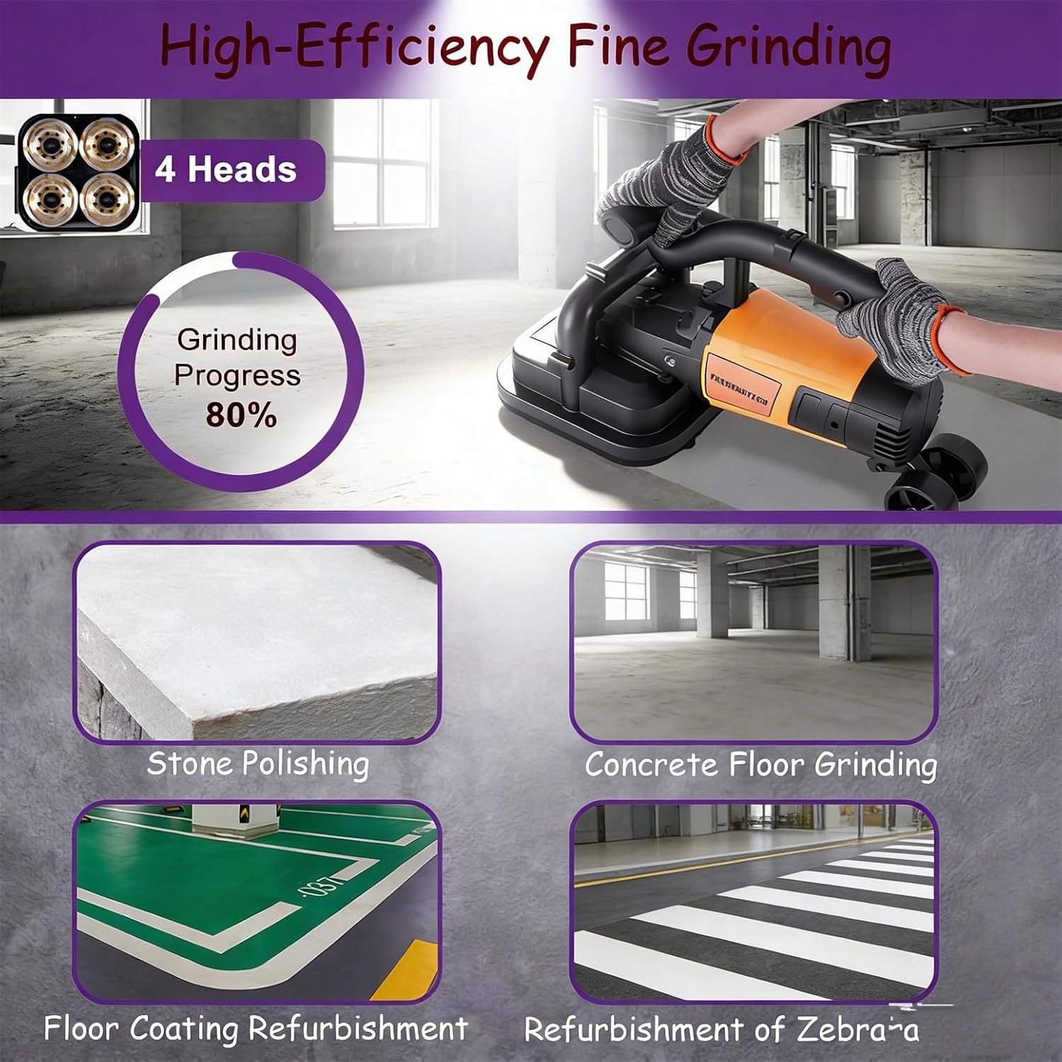 4-Head Concrete Grinder Set, Electric Concrete Surfaces Planer with 6 Speed Adjustable, Walk Behind Grinder, Handheld Floor Drywall Sander Diamond Polisher Machine