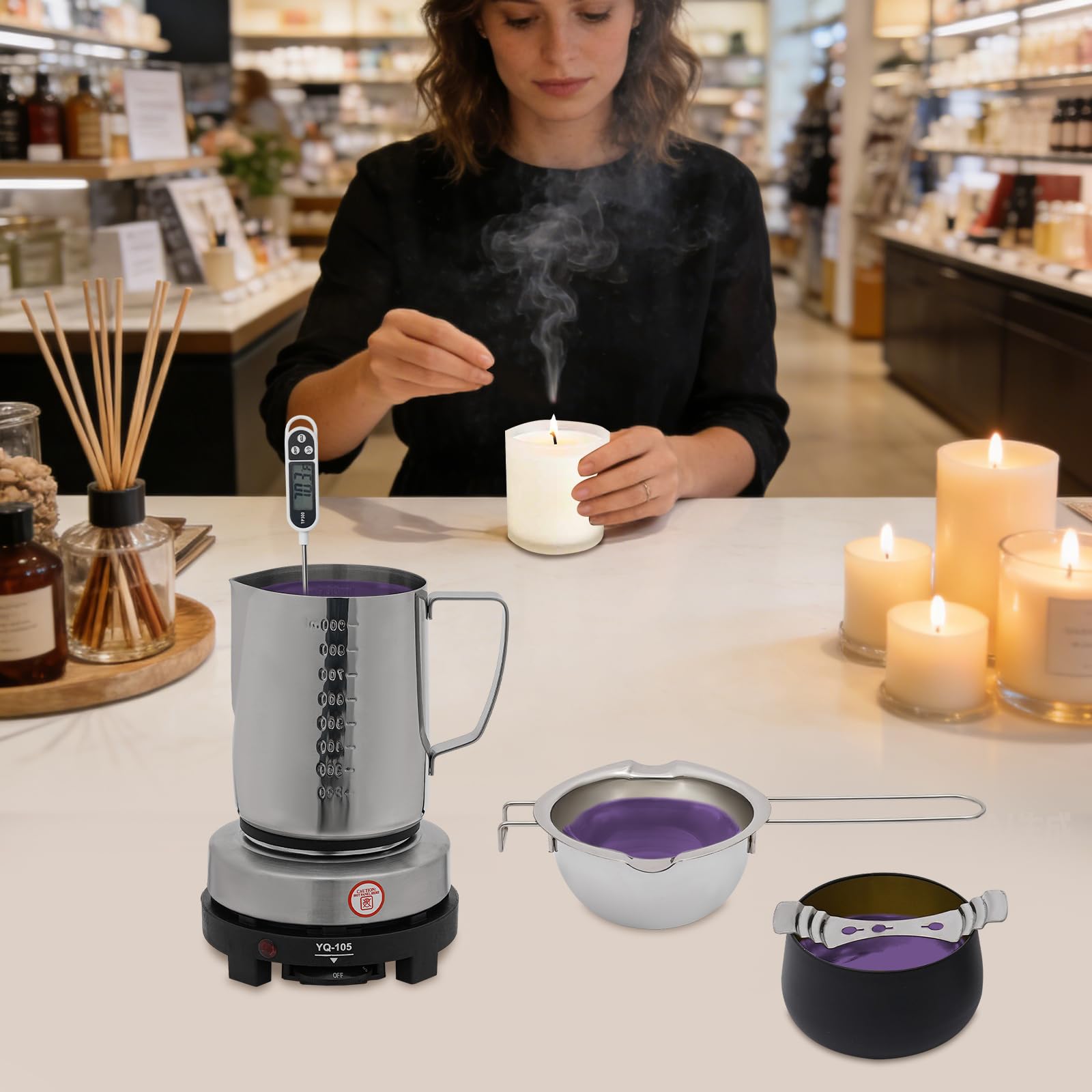 MooBeey Juego de velas de cera con termómetro, juego de manualidades hecho a mano, juego de velas perfumadas, juego de regalo, juego completo con accesorios