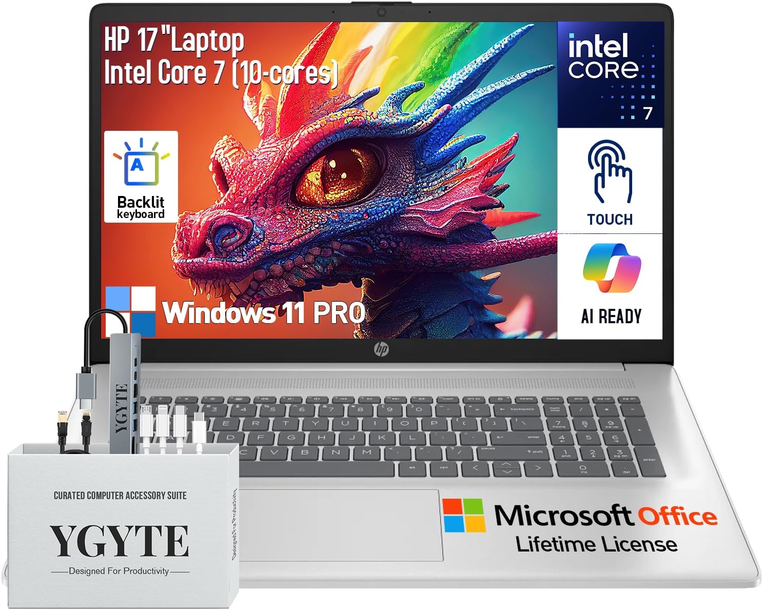 HP 17 Inch Laptop Touchscreen Computer, 17.3" Business Laptop HD+ Touch Screen, Windows 11 Pro Lifetime Office, Intel Core 7 (> i7-1355U), Backlit Keyboard|10-Key Number Pad|16GB RAM 1TB SSD