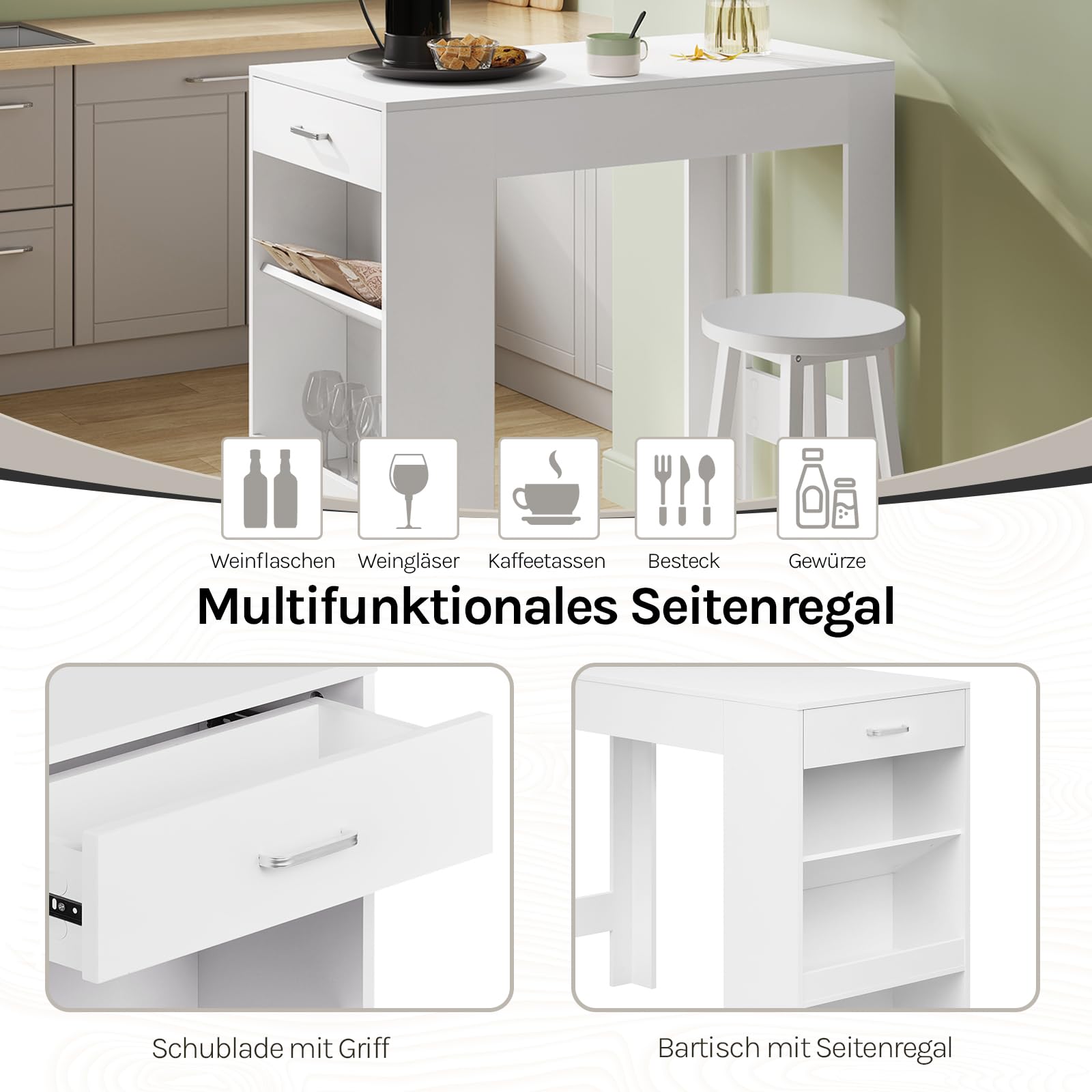 WOLTU Bartisch, Stehtisch mit 1 Schublade & 3 Ablagen, Küchentisch mit Weinregal, Bistrotisch für Bar Küche Wohnzimmer Esszimmer (Mit Brett, Weiß, 100 x 50 x 100 cm)