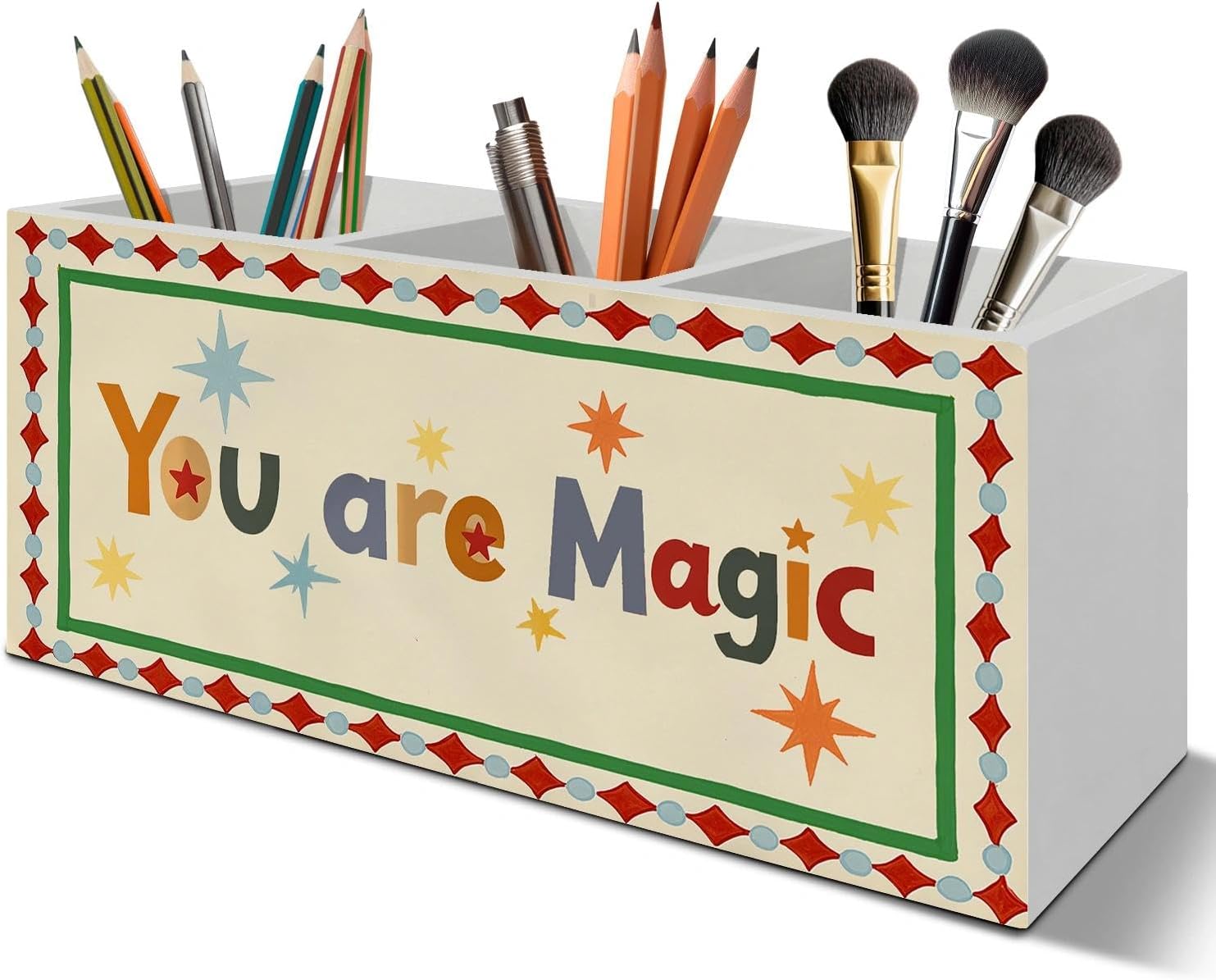 Boho Inspirational Pen Pencil Holder Organizer for Desk Accessories, You Are Magic Motivational Wooden Box Signs Decorations for Kids Room Bedroom Classroom Office Desk Tabletop