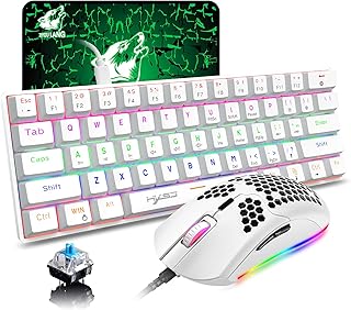 60% Mechanical Gaming Keyboard and Mouse with Full Anti-ghosting Ergonomic 61 Key Rainbow Backlight Blue Switch Type-C Wired Lightweight Honeycomb Mice 6400 DPI for Computer Laptop Gamer Typist(White)