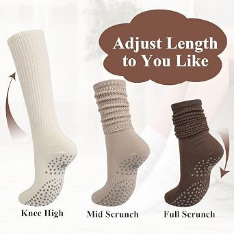 Pilates Socks with Grips for Women, Yoga Barre Slouch Socks 3 Pairs