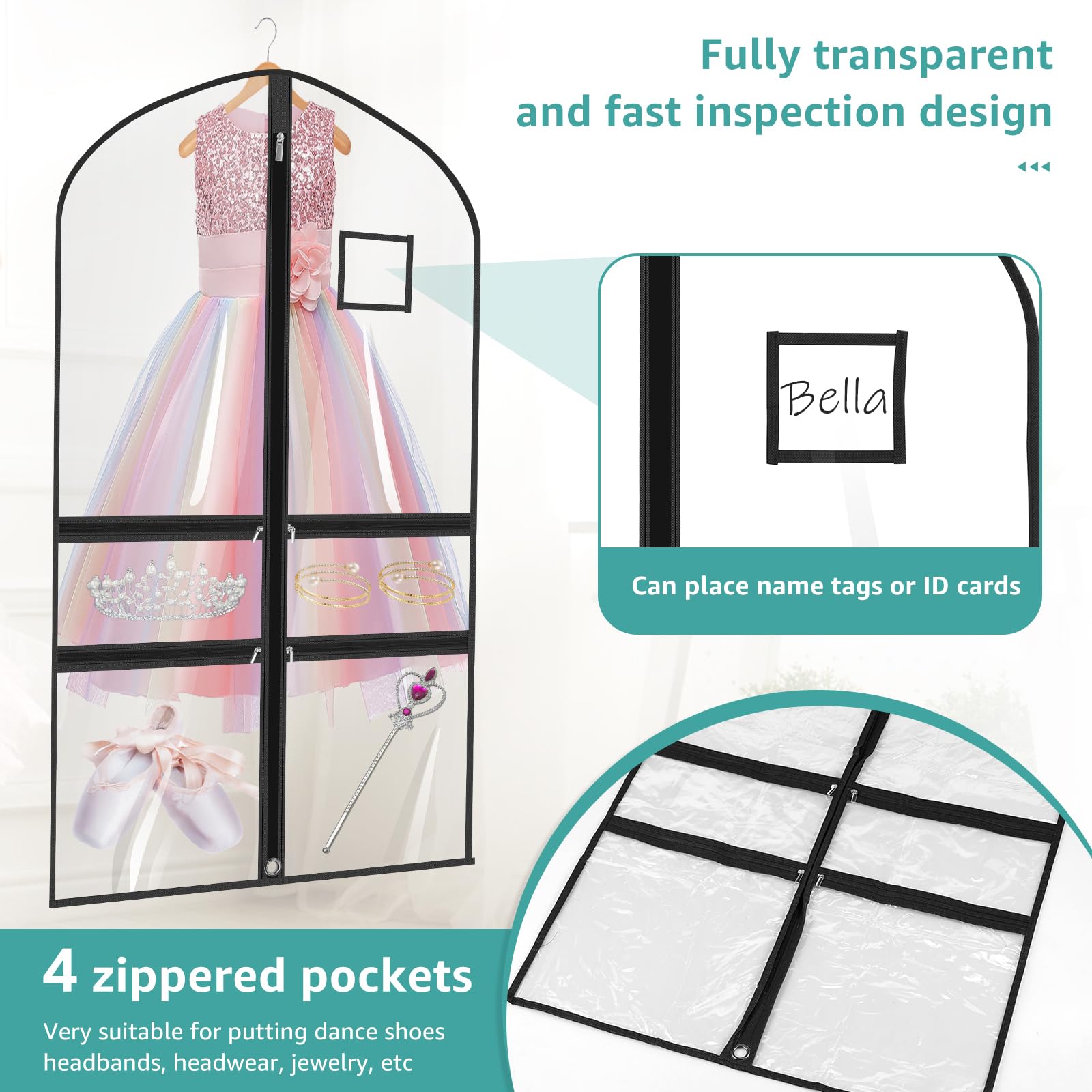 Saco para ropa de 100 x 56 cm de PVC y tela no tejida, resistente al polvo y al agua, con compartimentos y compartimento para placa de nombre, funda transparente para trajes, vestidos, abrigos