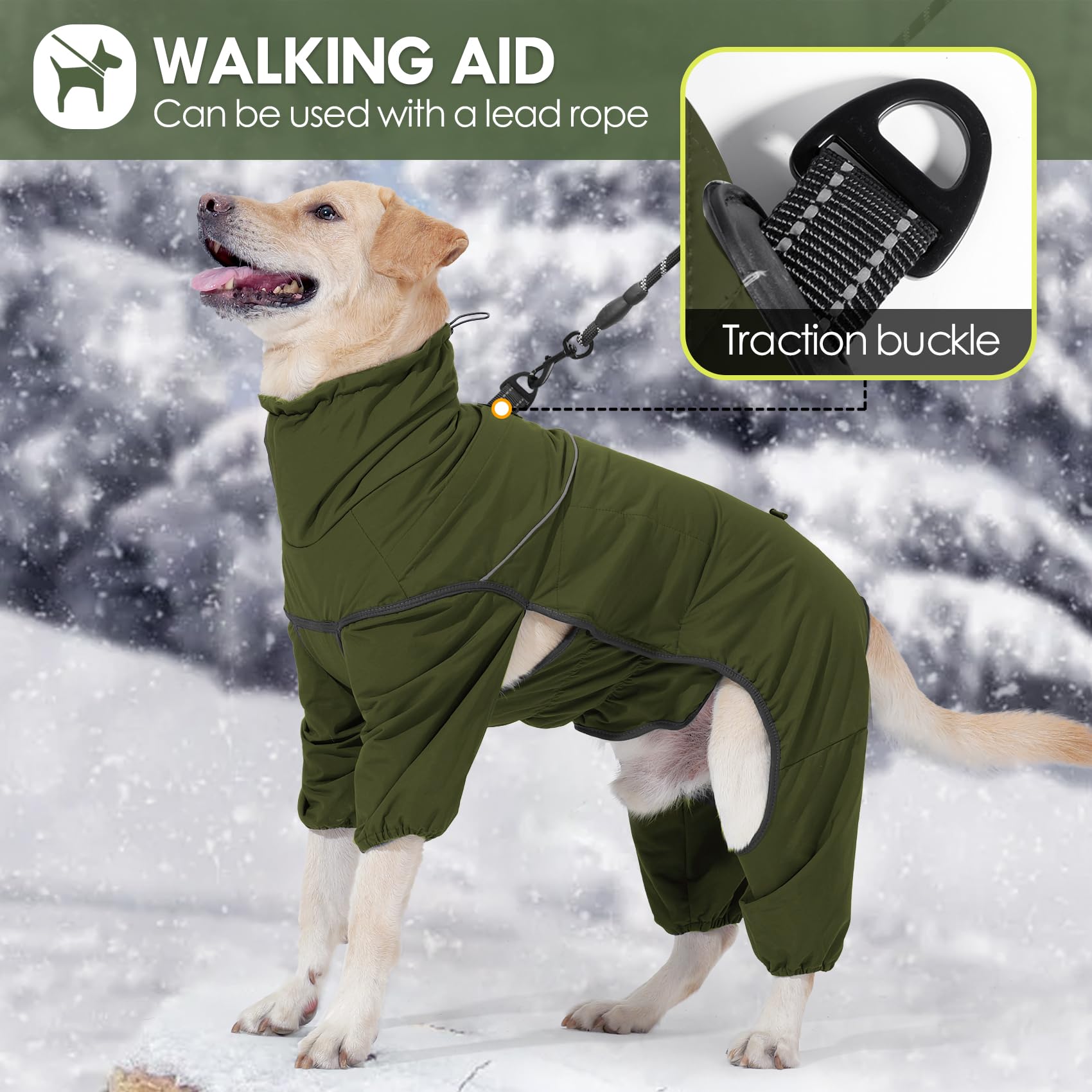 Cappotto riscaldato per cani a quattro zampe, impermeabile, regolabile, con collo alto a ritrazione, abbigliamento invernale per cani di taglia piccola, media e grande (verde, 3XL)