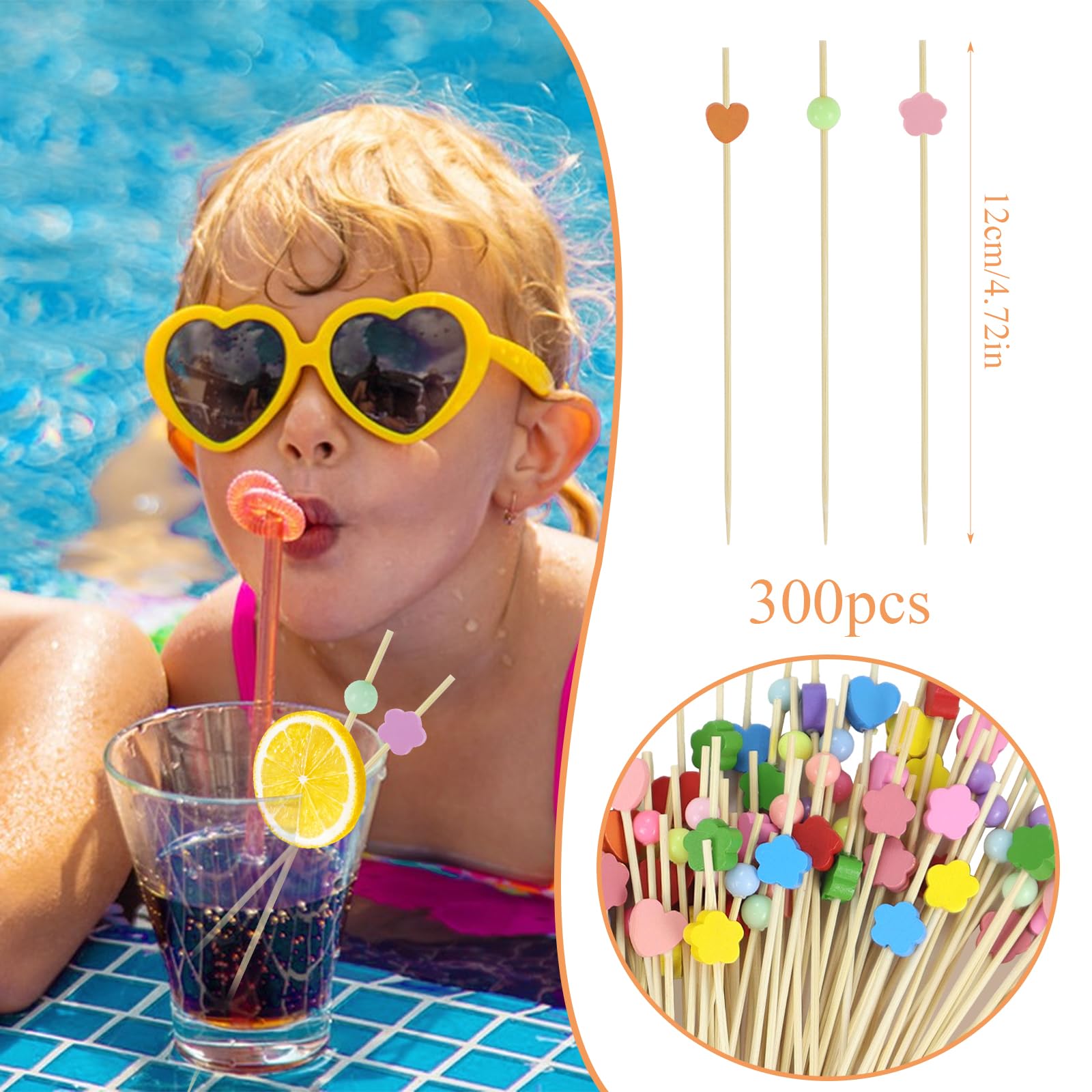 300 Pezzi Stuzzicadenti Decorativi 12cm Bastoncini da Cocktail Legno Stuzzicadenti Lunghi con Decorazioni a Cuore Fiore e Pallina Spiedini Legno per Bar Compleanno Feste Decorativi