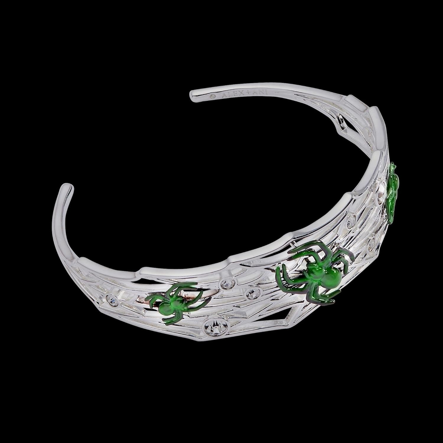 Alex and Ani Silver Cuff Bracelet - Spider Web Design with Black Spiders, Glows in the Dark, Crystal Accents, Spooky Halloween Jewelry, Nickel-Free