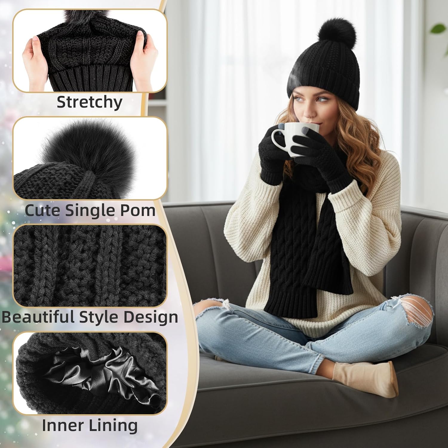 Suhine 8 Pcs Women Hat Scarf Gloves and Earmuff Set Winter Knit Beanie Pompom Hat Warm Touch Screen Gloves for Men Adult - Image 5