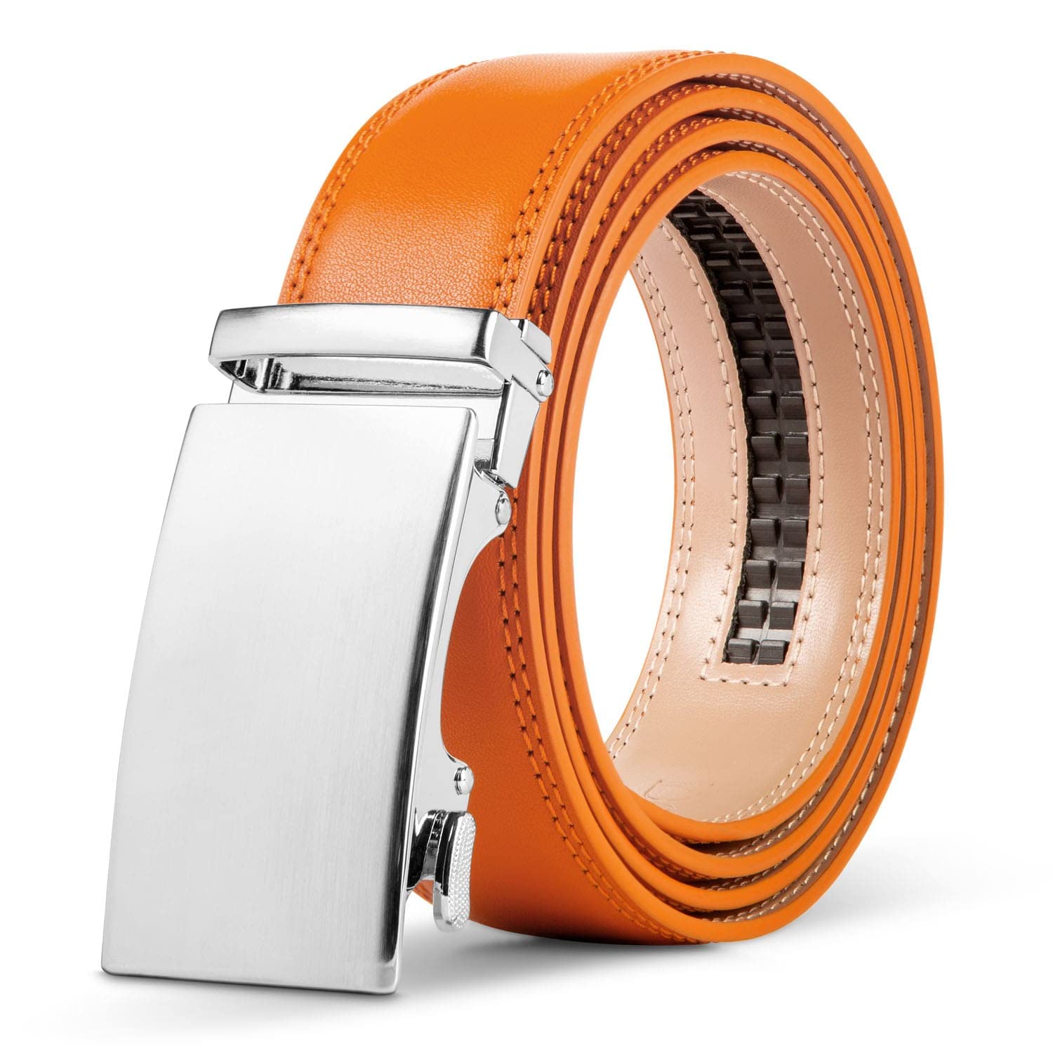 DQT Mens Leather Ratchet Belt – Automatic Buckle Dress Belt with Gift Box - Cognac