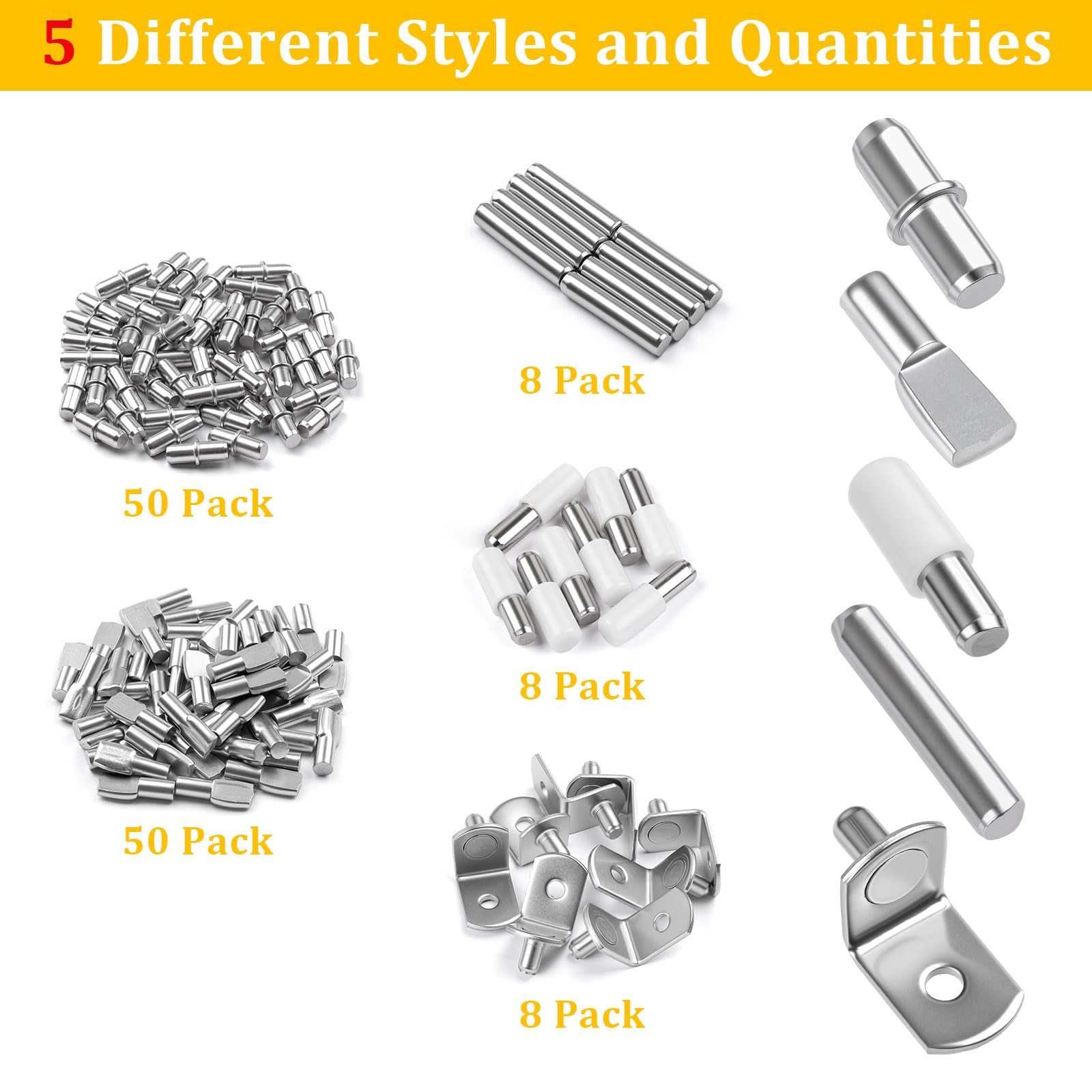 124 Pcs Shelf Pegs Kit, 5 Styles Nickel Shelf pins, Shelf Support Pegs — Amazon image 2