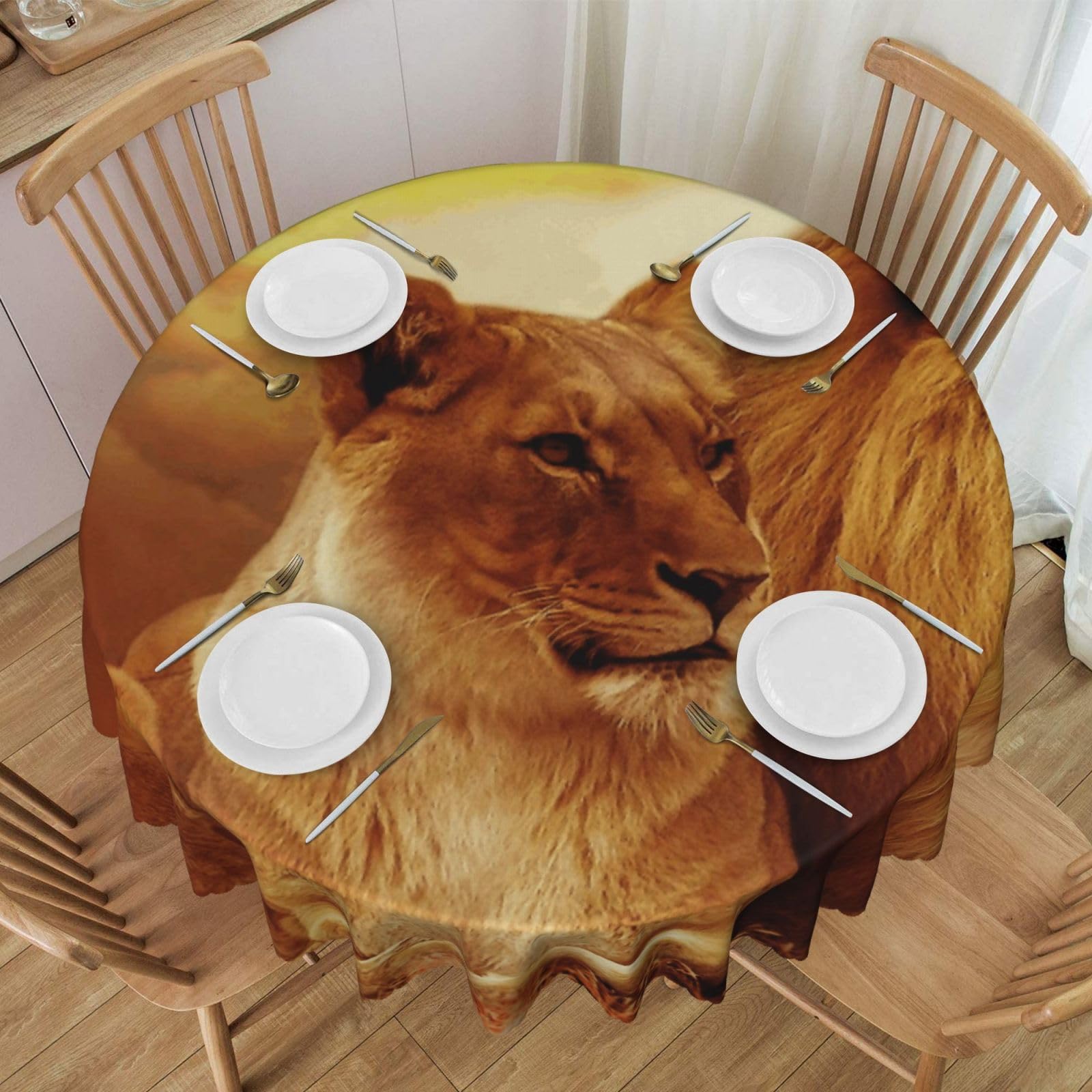 DCEHGEW 60 In Round Tablecloth with Lace, African Lion and Lioness Printed Oilproof & Washable Fabric Picnic Table Cloth Table Covers