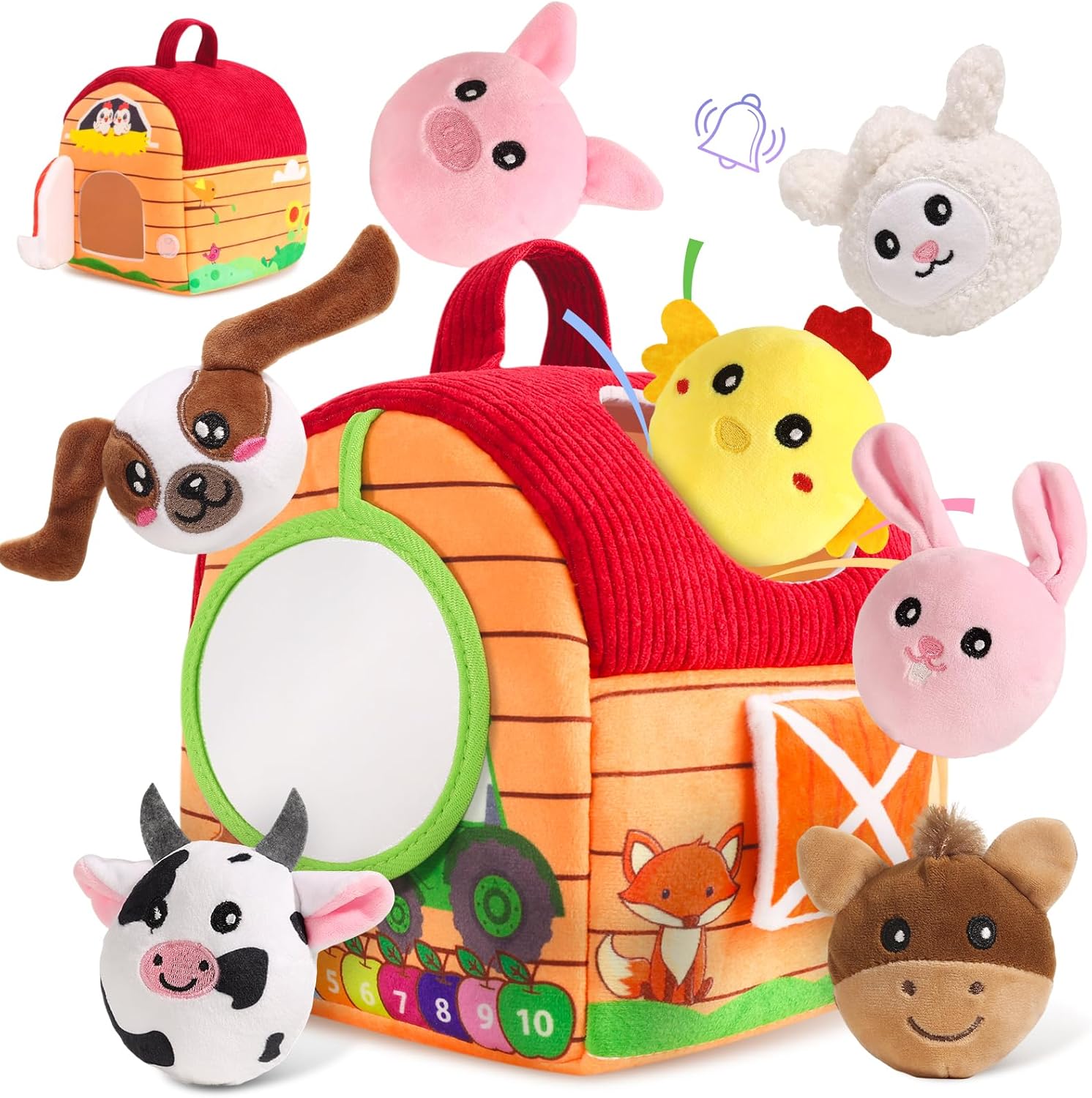 Baby Toys 6-12 Months, Plush Barn with Stuffed Farm Animals, Sensory Rattle, Mirror, Crinkle, Montessori Toys for 6 Month Old Babies for Infant & Toddler 1-3 Boy and Girls
