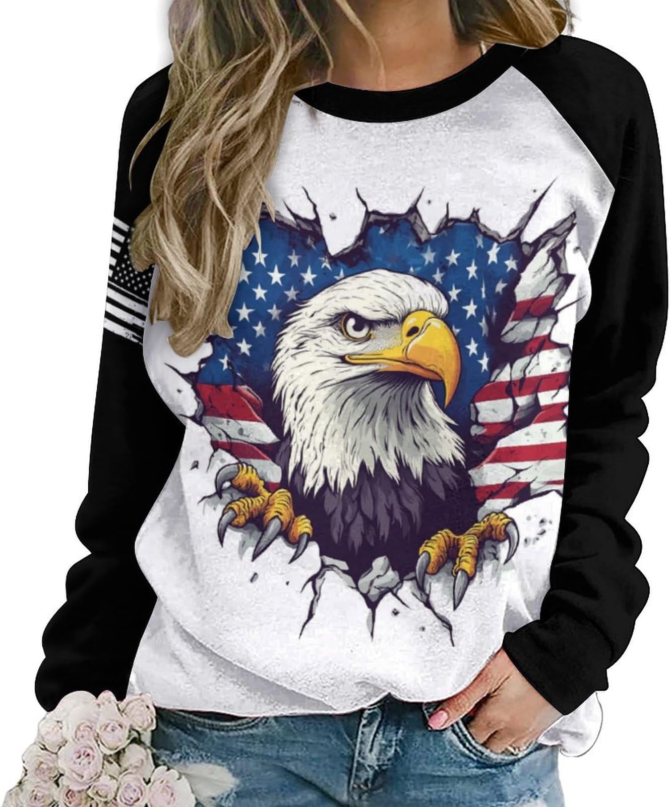 - American Eagle Sweatshirt for Women Casual Long Sleeve Oversized Patriotic Shirts for Women Long Sleeve Shirts for Women Loose Fit Pullover Tops Graphic Tees Lightweight Tops B5-Eagle M