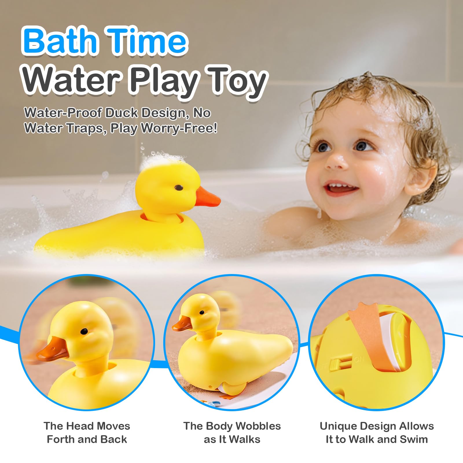 Juguetes de bañera y piscina de pato - Pato realista para caminar | Juguetes de baño impermeables para bebés, regalo para niños y niñas pequeños 2