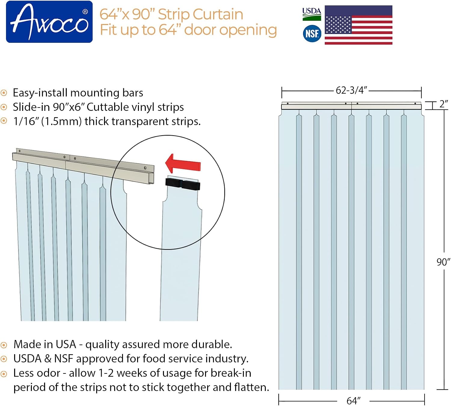 Awoco 64" x 90" Vinyl Strip Climate Control Curtain Kit, Slide-in Strips Perfect for Freezers, Coolers and Warehouse Doors NSF Approved Made in USA