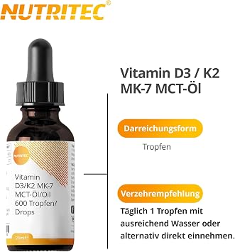 Vitamin D3 K2 MK7 MCT Oil 600 Drops for 600 Days and the Family High Dose 20 ml 800 IU Vitamin D3 and 20 μg K2 per Drop