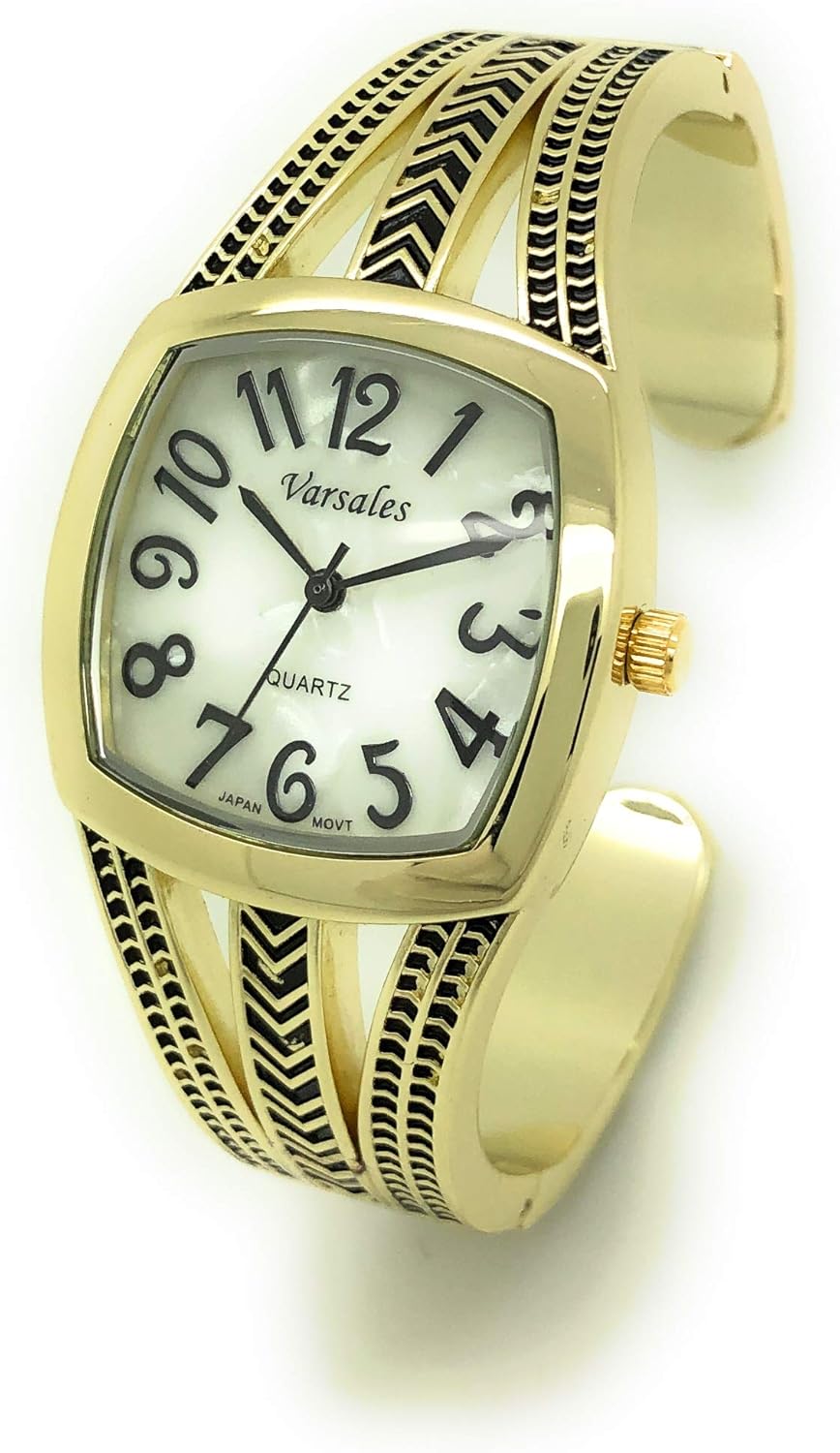 VERSALES Women's Square Elegant Metal Large Bangle Cuff Fashion Analog Quartz Watch Mother of Pearl Dial Easy to Read Black Numbers Black Hour Minute Second Hands Varsales