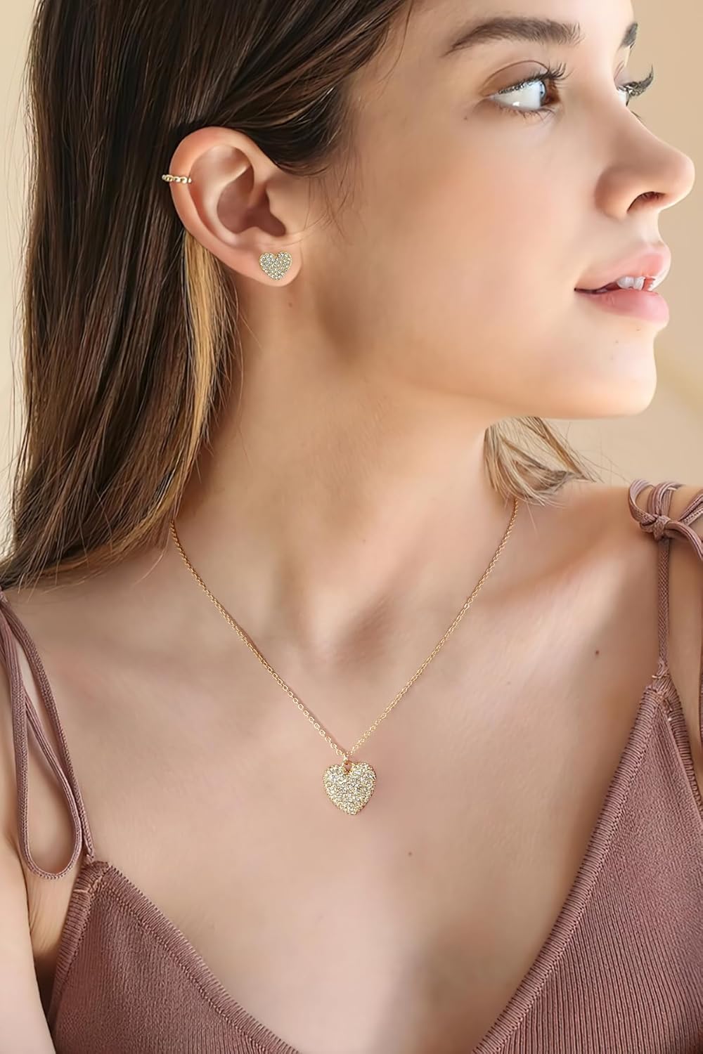 Heart Necklace Earrings Set for Women 18K Gold CZ Jewelry Gifts Love Heart Pendant Necklace for Birthday Valentine’s Day - Image 3