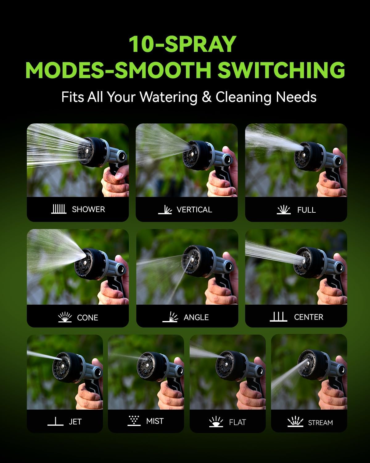 RAINPOINT Full-Metal Garden Hose Nozzle, Heavy Duty Water Hose Nozzle Sprayer With 10 Adjustable Patterns & High Flow,Thumb Control For Flow Adjustment, Ideal For Watering, Washing, Cleaning,Black