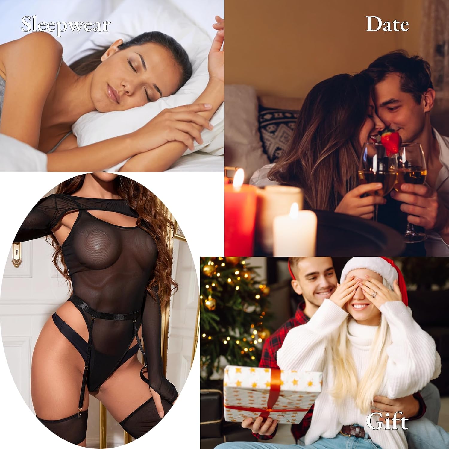 Rave Outfits for Women Sexy Lingerie Lace Bodysuit Shrug Long Sleeve Crop Tops with Garter Belt Thigh Rings 4 Piece