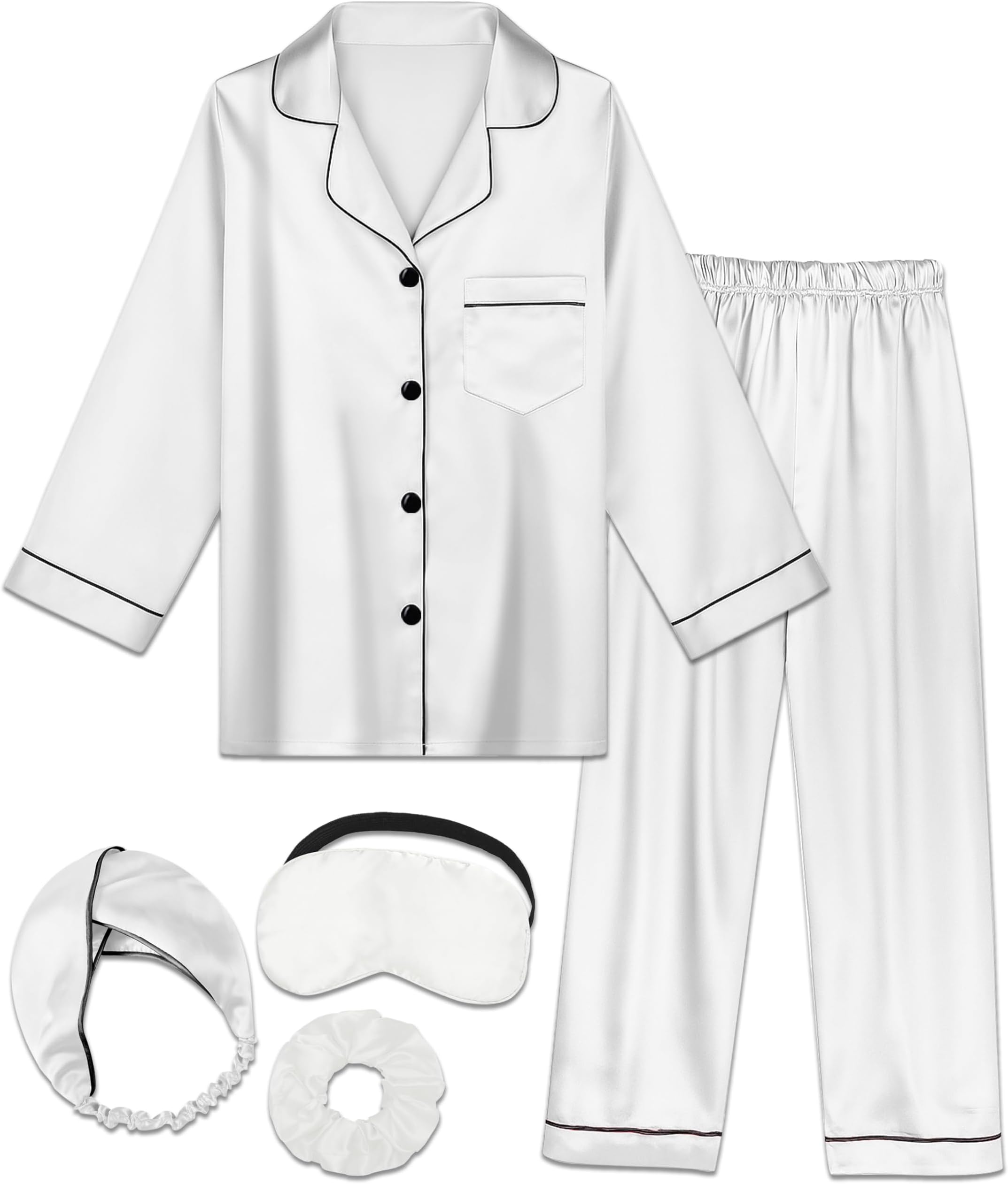 Satin Kid Short Pajamas Set 5 Piece Child Silk Pjs Button Sleepwear with Eye Mask, Hairhand, Hair Ring