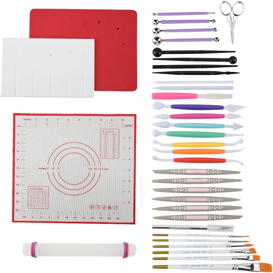 Gum Paste Flower and Leaf Tools Kit-7 Modelling Tool 4 Ball Tools 6 Frilling Stick 7 Cake Brush 6 Decorating Tools 1 Veining Board 1 Foam Pad 1 Silicone Mat 1 Flower Scissors 1 Art Knife 1 Rolling Pin