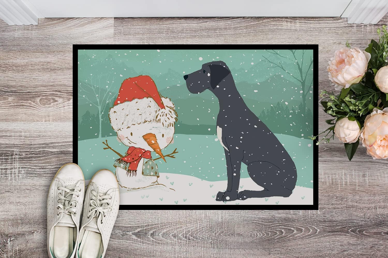 Caroline's Treasures CK2039JMAT Black Great Dane and Snowman Christmas Doormat 24x36 Front Door Mat Indoor Outdoor Rugs for Entryway, Non Slip Washable Low Pile, 24H X 36W