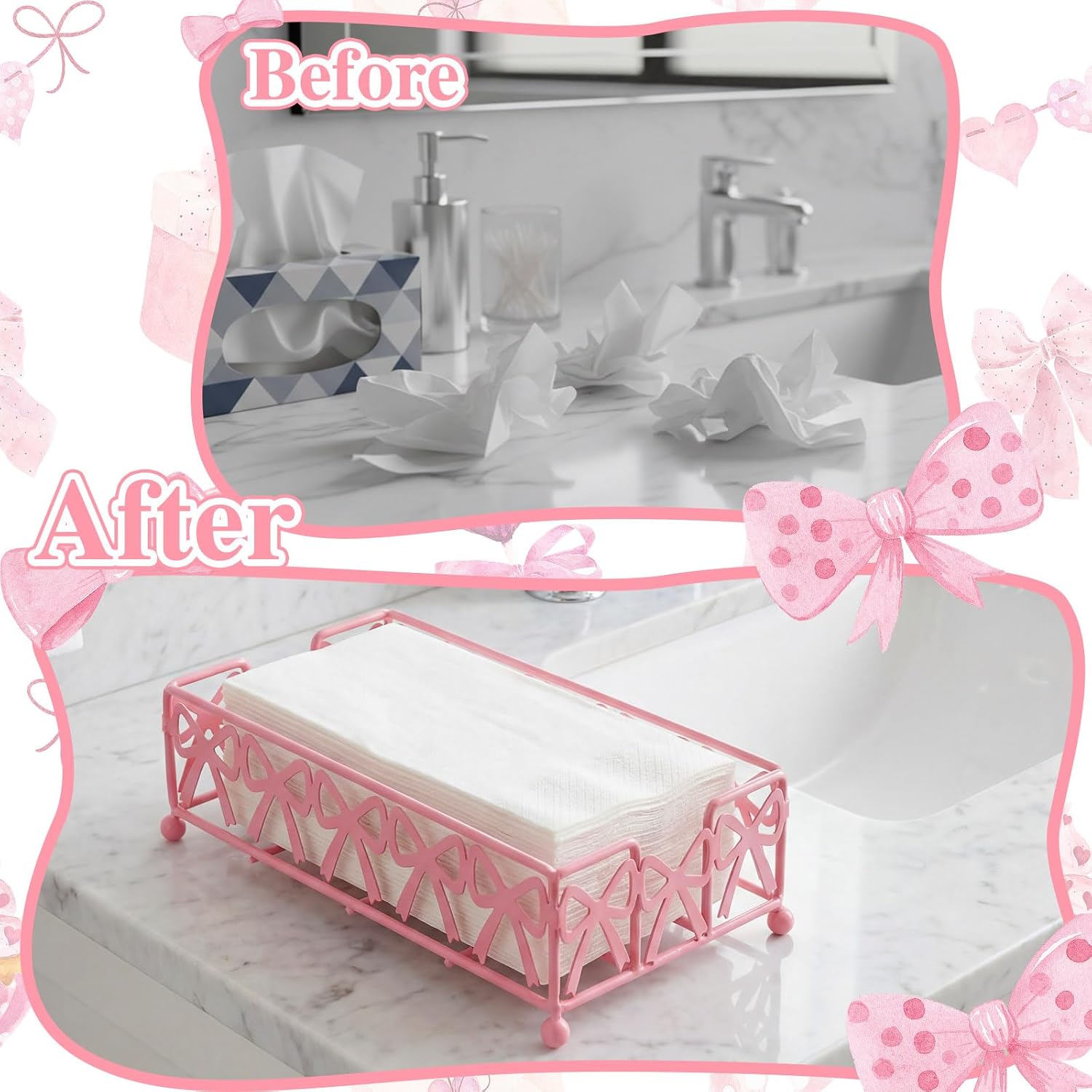 Hushee Pink Bow Guest Towel Holder Tray, Bathroom Disposable Towel Rack image 4