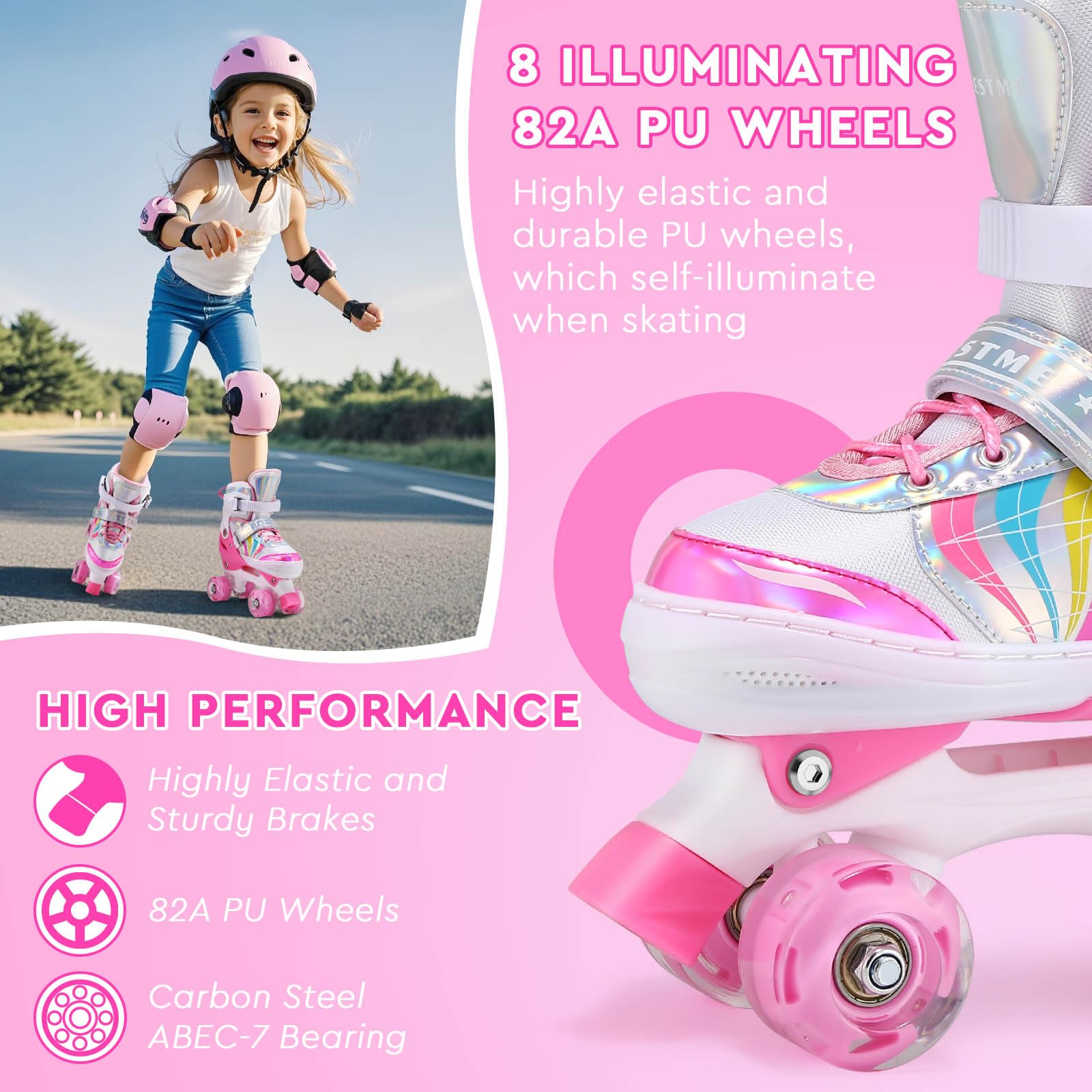 Roller Enfant Fille Patin a Roulette Fille Rollers Quad avec 8 Roues Lumineuses Taille Réglable pour Enfants