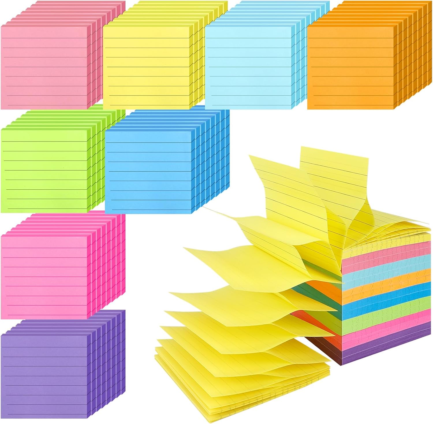 64 Pads Pop Up Sticky Notes Accordion Sticky Notes 3x3 Refills Lined 8 Bright Color Post Stickies Bulk Sticky Note with Lines Colorful Popup Notes for Dispenser, Home, Office, School, Meeting, Work