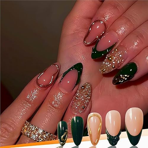 Dark Green Medium Press on Nails Almond Fake Nails with