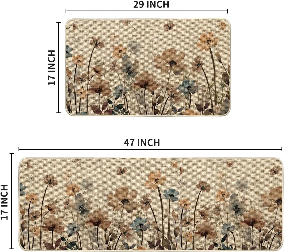 Artoid Mode Brown Poppy Floral Leaves Spring Kitchen Mats Set of 2, Spring Home Decor Low-Profile Kitchen Rugs for Floor - 17x29 and 17x47 Inch