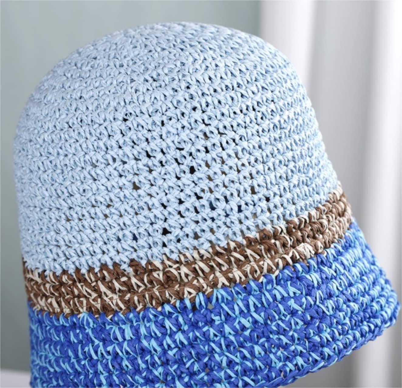 Sombrero de Playa para Mujer, de Paja Tejida a Crochet, Estilo Pescador, para Verano (Azul, 6 7/87 1/8)