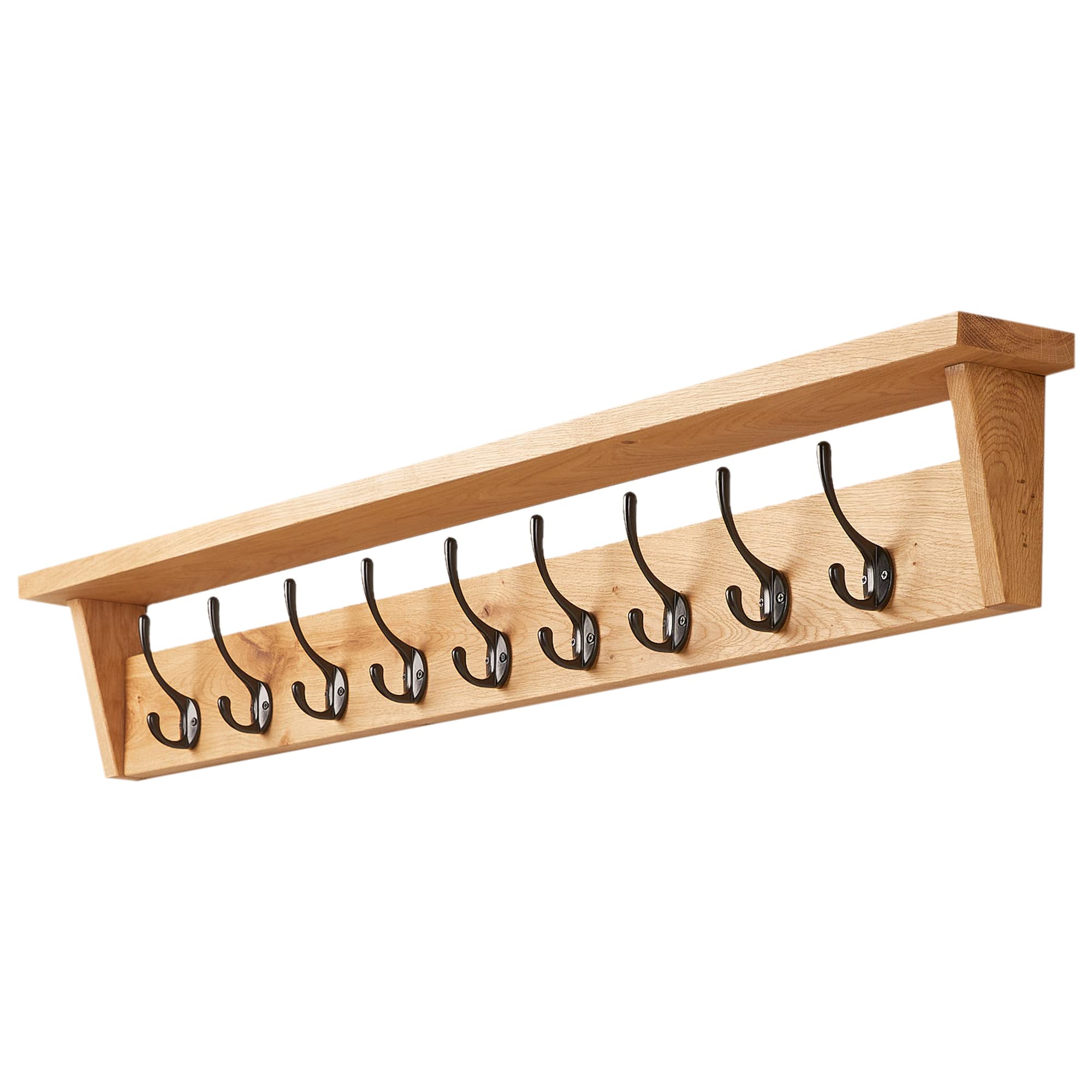 Fox And Grain Grain Fox And Solid Oak Coat Rack (9 Hooks) | Wall Mounted Coat Hooks With Shelf For Display/Storage | Wooden Stylish & Versatile Hallway Decor | Heavy Duty Double Hooks | Handcrafted In The Uk