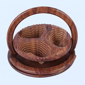 Handmade Wood Carving Fruit Plate Wooden Collapsible Fruit Basket Unique Foldable Walnut Basket for Fruit, Bread and Nuts 11" A4