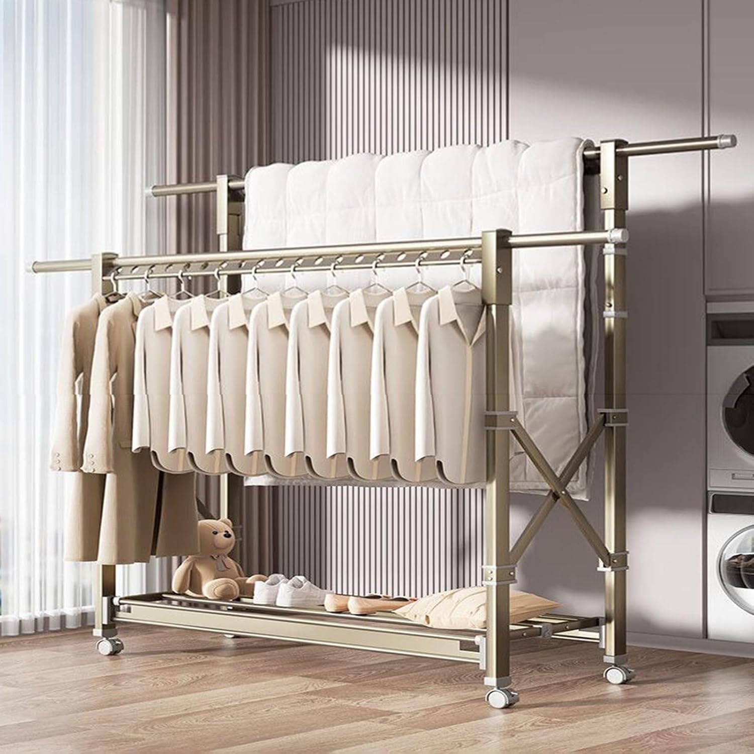 Floor-Standing Solid Wood Rotating Coat Rack，Adjustable 3-Level Foldable Clothes Drying Rack - Space-Saving Retractable Laundry Rack for Indoor/Outdoor Use, Perfect for Bedding & Garments, 1