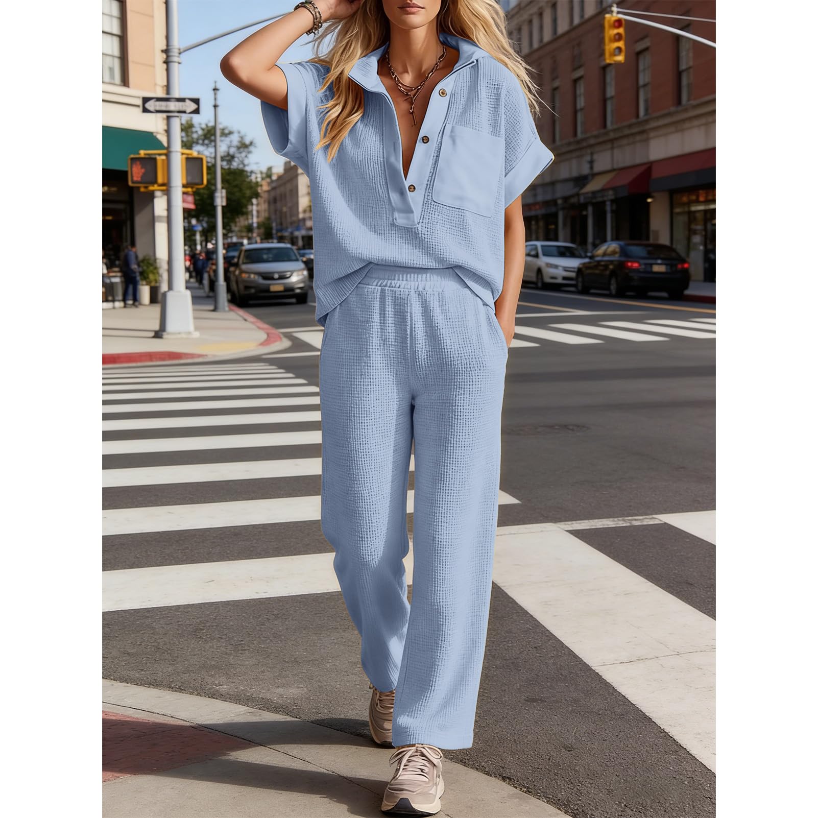 amropi Donna Estivo Tuta in Waffle Maniche Corte Scollo a V Camicia con Bottoni e Pantaloni da Jogging 2 Pezzi Sportivo Completo