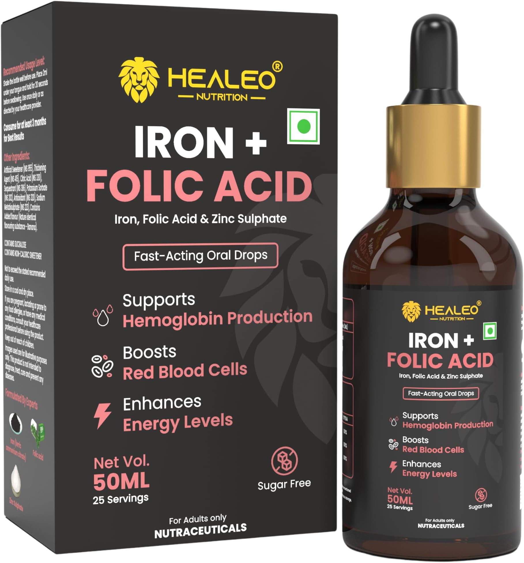 Iron + Folic Acid Drops | Fast Acting Liquid Iron Supplement for Women & Men with Zinc | Hemoglobin Booster & Blood Builder | Non-Constipating - 50ml