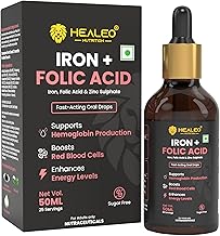 Healeo Iron + Folic Acid Drops | Fast Acting Liquid Iron Supplement for Women & Men with Zinc | Hemoglobin Booster & Blood Builder | Non-Constipating - 50ml