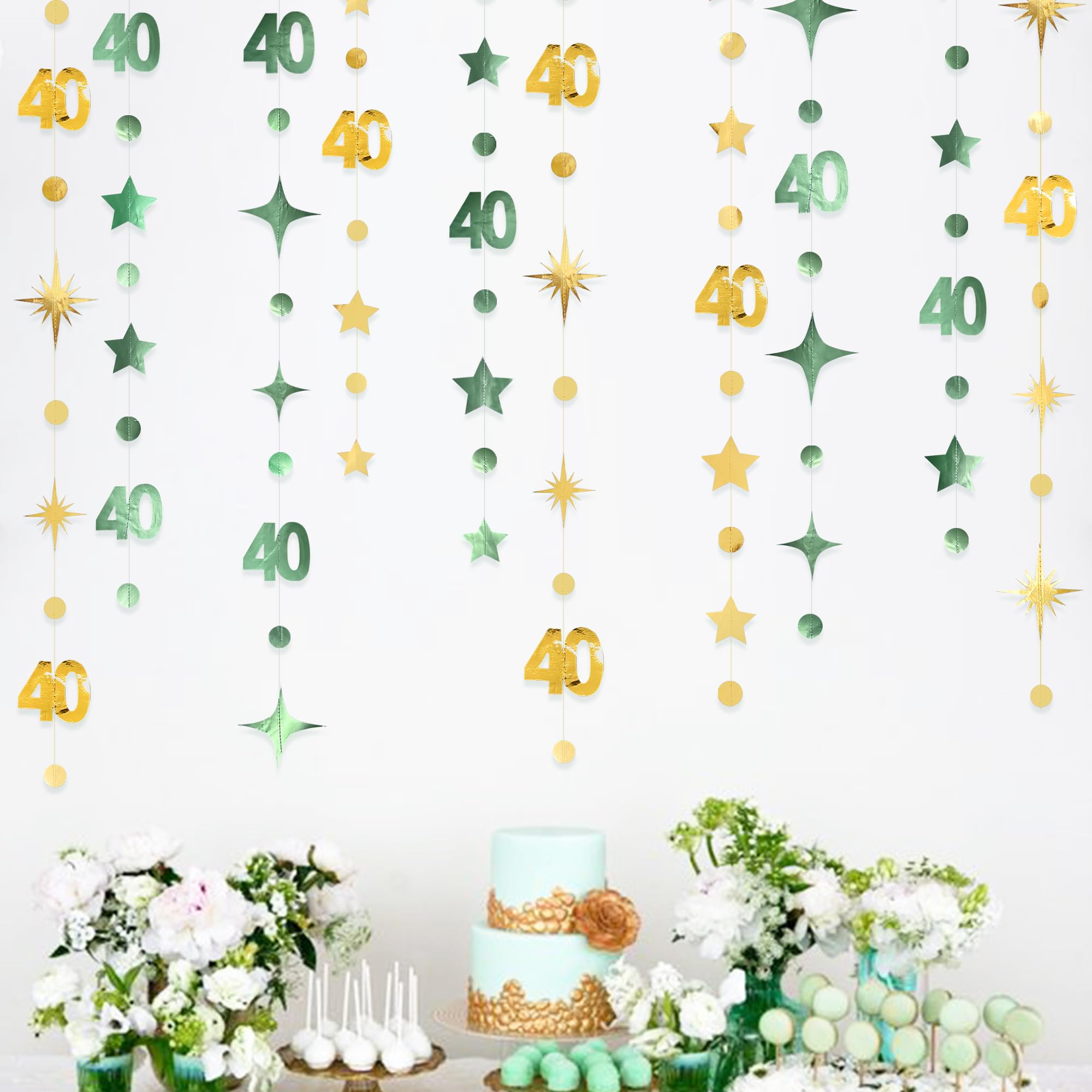 Sage Green Gold 40th Birthday Decorations Number 40 Circle Dot Twinkle Star Garland Streamer Banner Backdrop for Women Mens Cheers to 40 Years Old