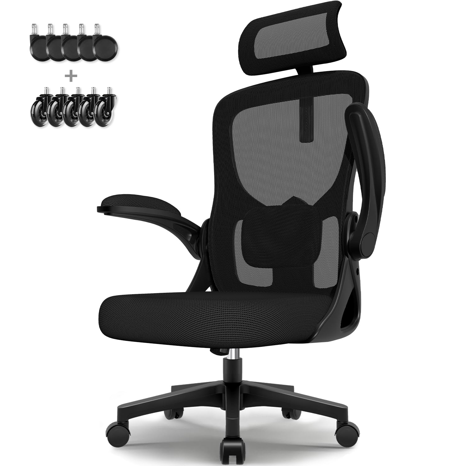 minnouat Bürostuhl, Schreibtischsessel mit Kopfstütze und Weiche Lordosenstütze, Bürostuhl ergonomisch Wippfunktion bis 130°,Schreibtischstuhl mit klappbaren Armlehnen, Drehstuhl 150 kg, Dunkelschwarz