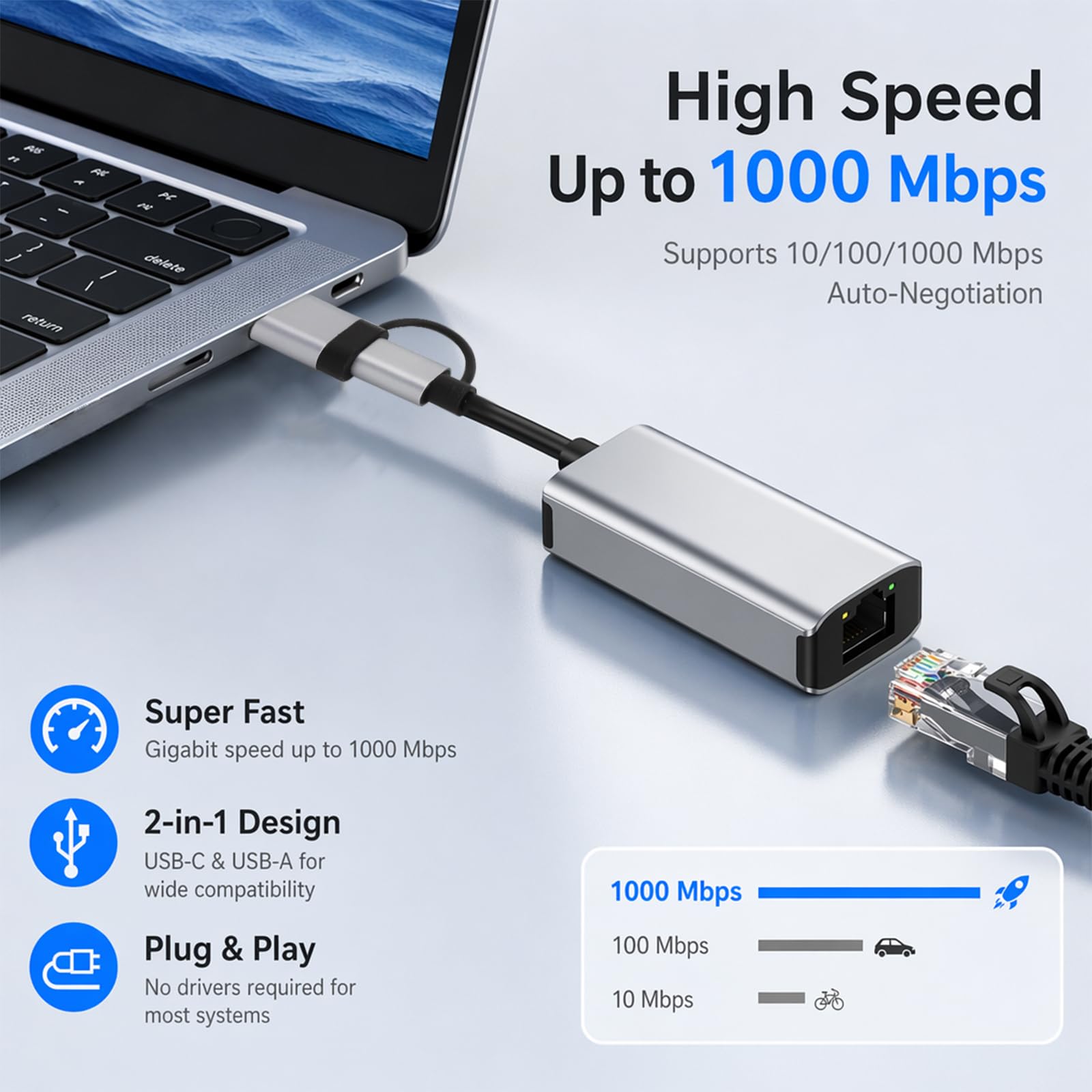 Adapter USB C Ethernet 1000 Mbps, USB 3.0 na RJ45 Gigabit adapter sieciowy, typ C LAN adapter do laptopów, tabletów, smartfonów PC