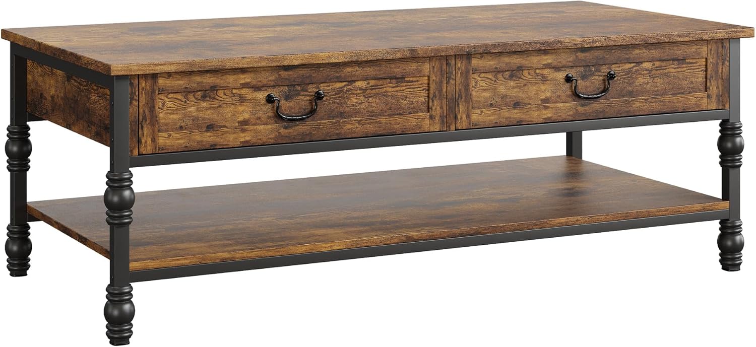 GarveeHome 41 in Coffee Table with 2 Storage Drawers, Rustic Coffee Tables w/Storage Shelf and Metal Legs,Wood Large Rectangular Coffee Table for Living Room Office (Rustic Brown)