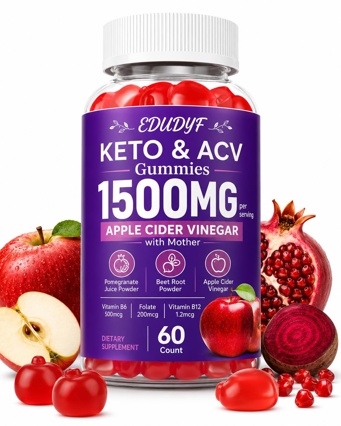 KETO & ACV Gummies 1500mg, Apple Cider Vinegar Gummies with Mother, 60 Ct