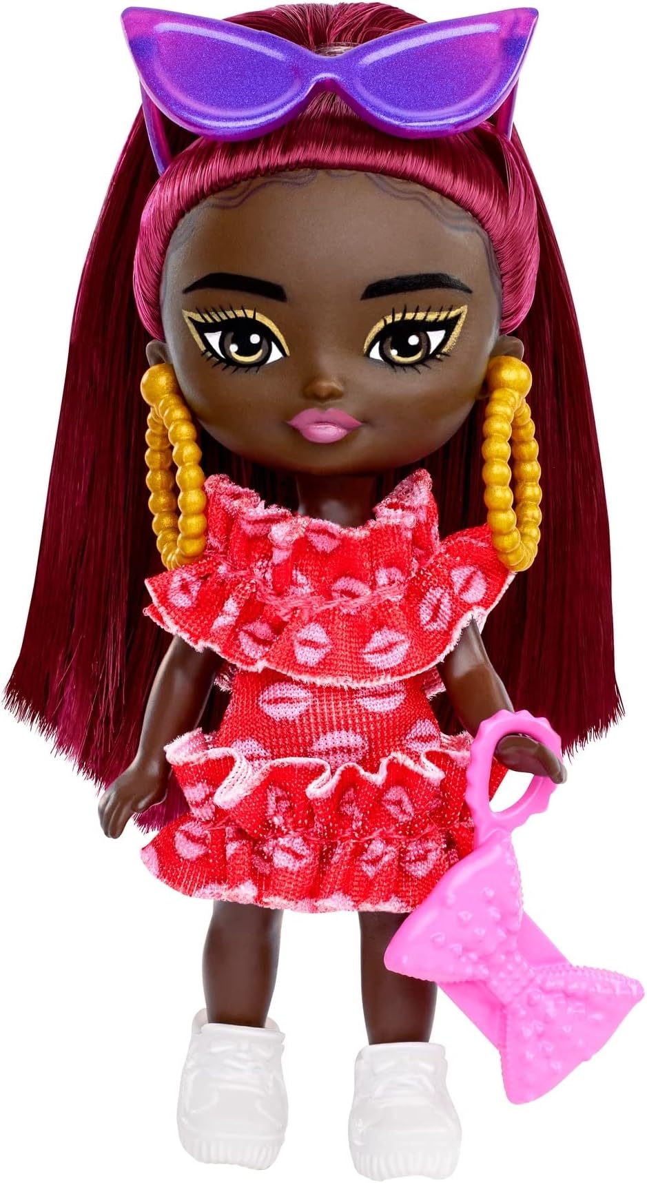 Barbie Doll, Barbie Extra Mini Doll with Burgundy Hair and Sunglasses, Red Ruffle Dress, Clothes and Accessories, HLN47