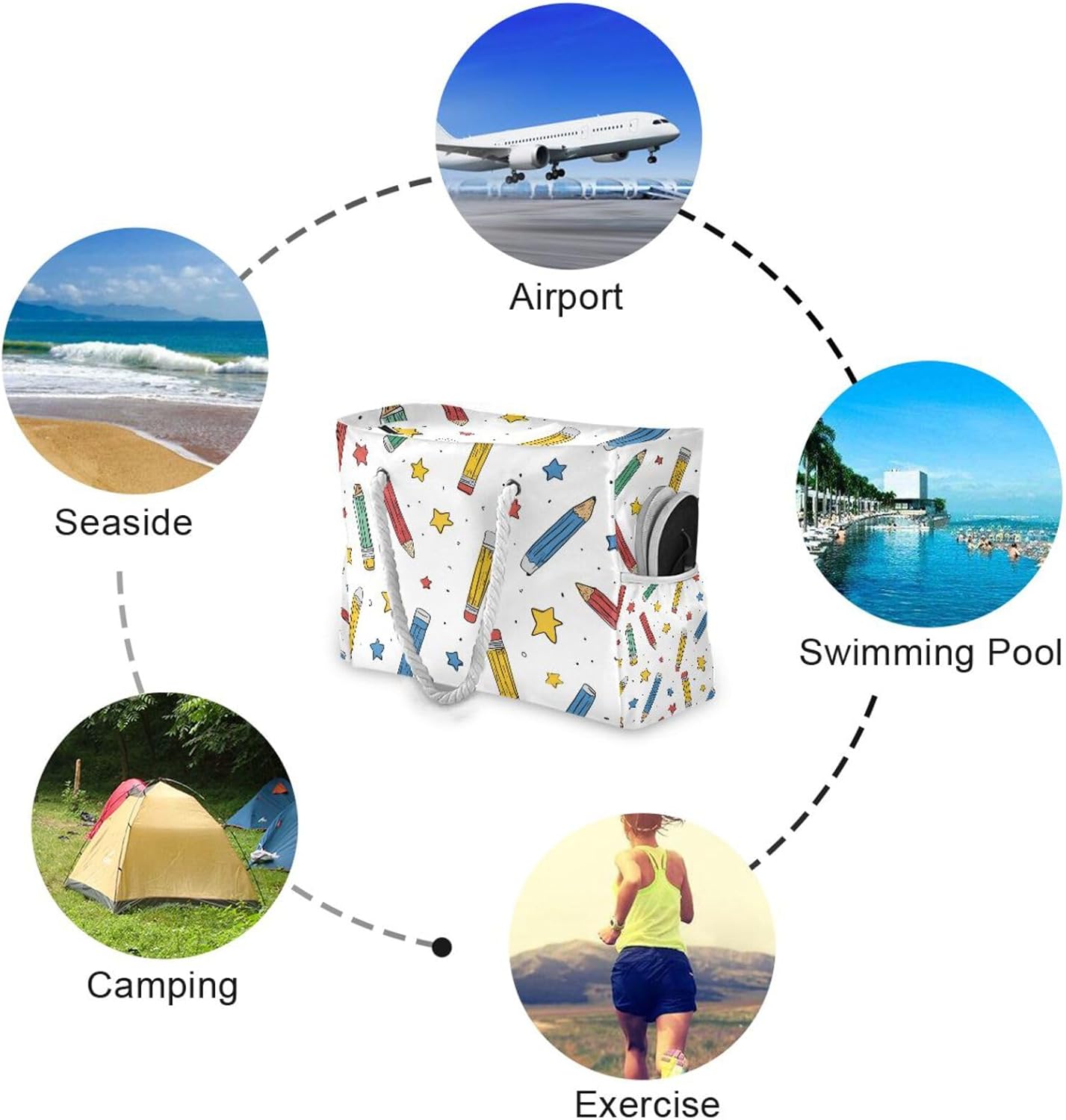 OTVEE Hand-drawn Colorful Pencils Pattern Beach Bags for Women Ladies Large Canvas Tote Shoulder Bag Waterproof Travel Bags for Gym Swim Pool Camping