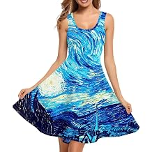 ENLACHIC Womens Van Gogh Tan Dress with Pockets Sleeveless Scoop Neck A-Line Flared Summer Beach Sundress