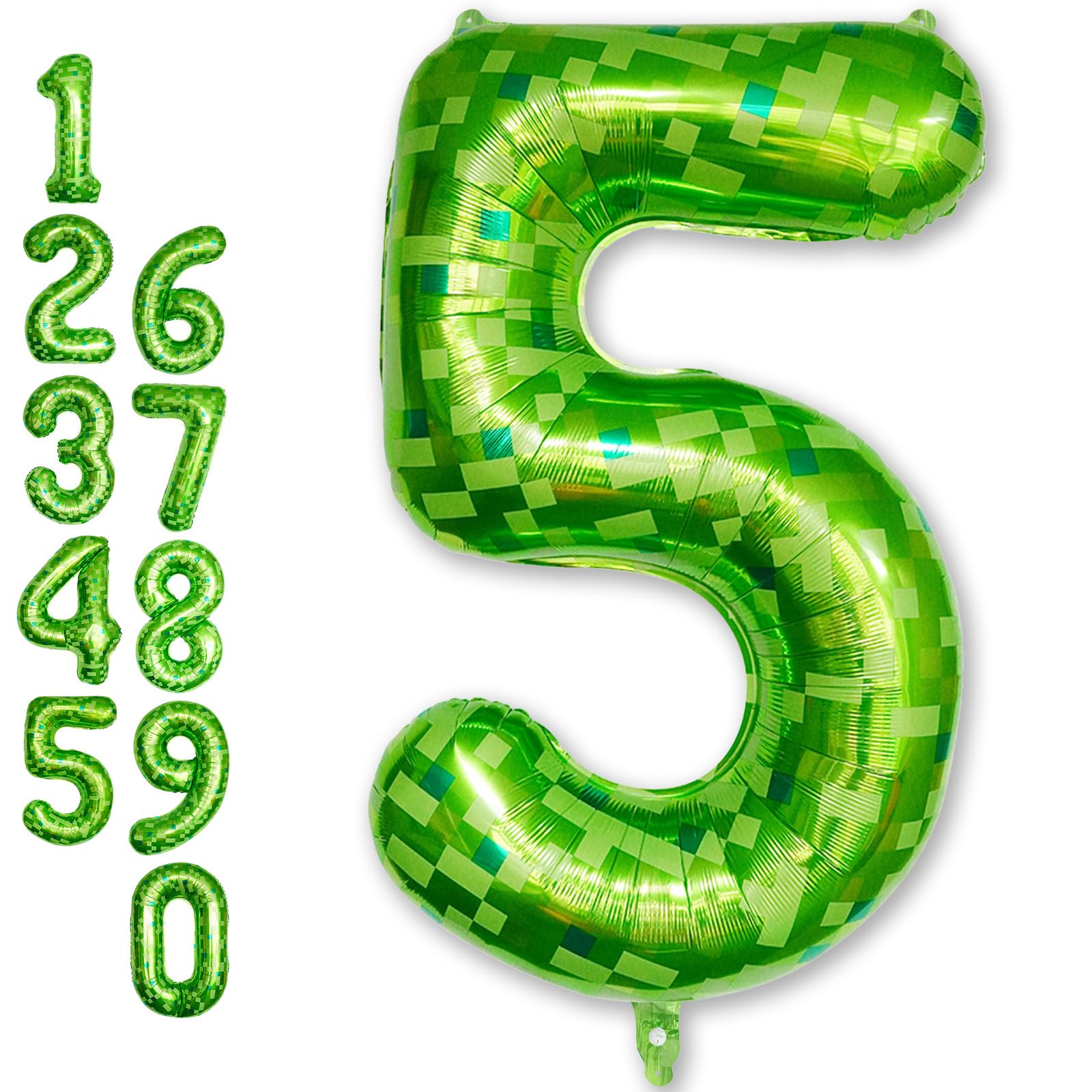 Foil 5 Balloons Number, 40 Inch Dark Kelly Green Pixel Number 5 Balloon for Boys, Big Lime Green Self Inflating 5 Balloon for Kids 5th Birthday Video
